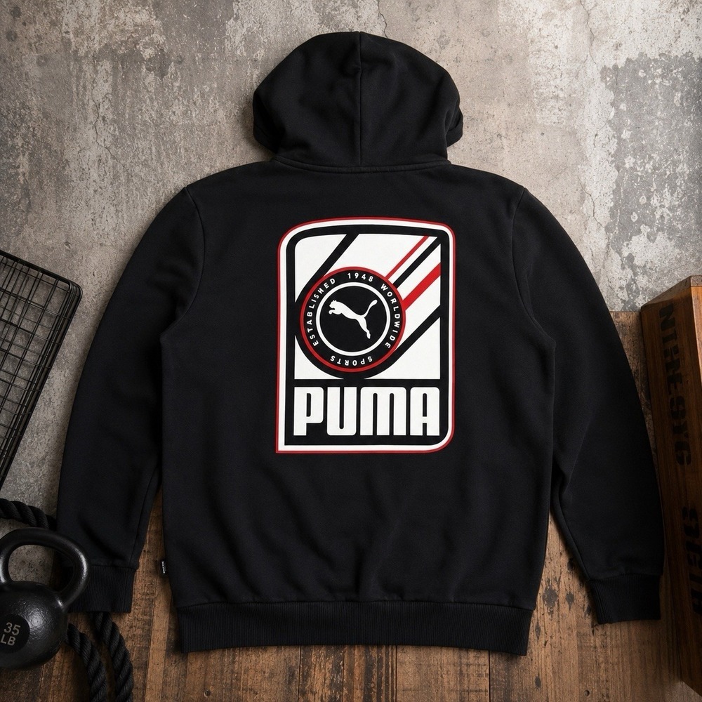 Puma Hoodie Mens M Black Fleece Pullover Worldwide Sports 1948 Back Graphic Logo